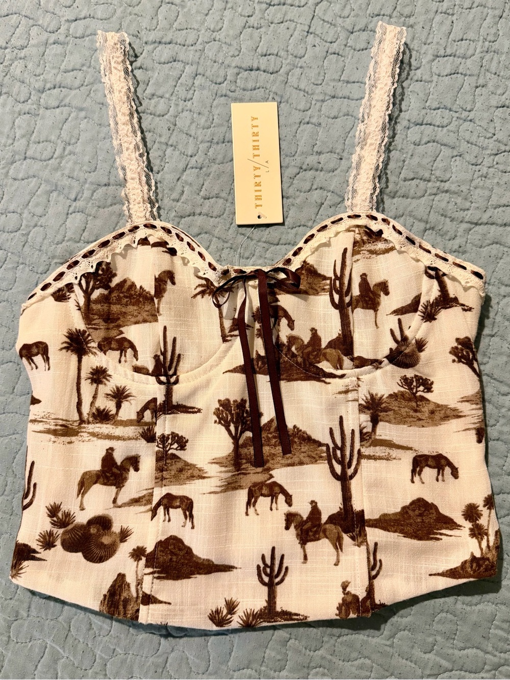 Thirty Thirty Desert-Print Lace-Trim Camisole in Cream and Brown